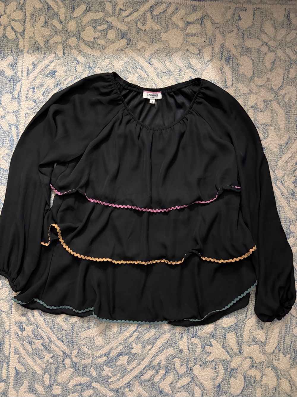 ANDREE BY UNIT Black Ruffle Blouse with Pink, Gold & Teal Trim
